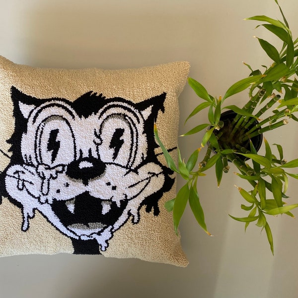 Handmade Punch Needle ' 1930's creepy black and white cartoon ' Pillow Cover, Cushion Cover, 18x18 pillow Cushion for sofa or bed