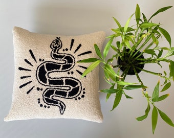 Hand Made Punch Needle ' Mystical Snake ' Pillow Cover, Punch Needle Pillow , sofa pillows , Black and Beige Decorative Pillows