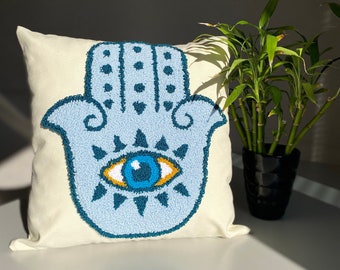 Handmade Punch Needle ' Hamsa Hand ' Pillow Cover, Cushion Cover ,  Fatima Hand Blue Evil Eye , Decorative Pillows , Sofa Pillows