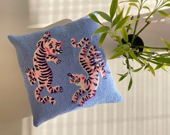 Handmade Punch Needle 'Tibetan Pink Tigers  ' Pillow Cover, Cushion Cover ,18x18 pillow Cushion for sofa or bed, Tibetan Tigers