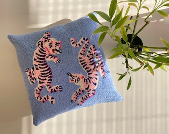 Handmade Punch Needle 'Tibetan Pink Tigers  ' Pillow Cover, Cushion Cover ,18x18 pillow Cushion for sofa or bed, Tibetan Tigers