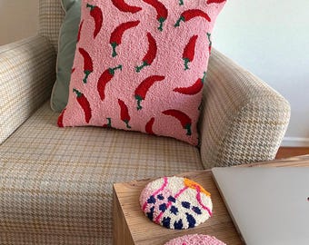 Hot Chili Pepper Punch Needle Pillow Cover | 100% Cotton Yarn Home Decor