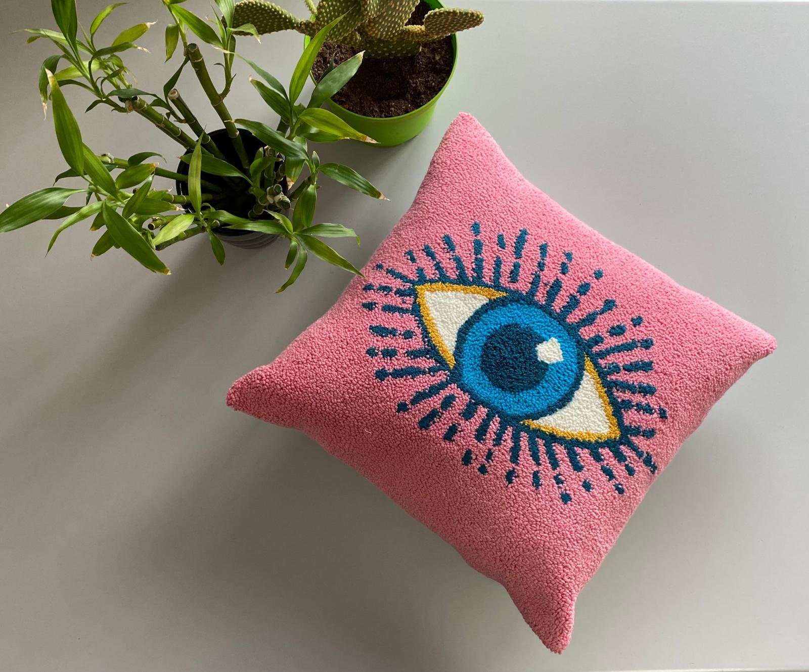 Handmade Tufted Punch Needle Evil Eye Pillow Cover Punch Etsy