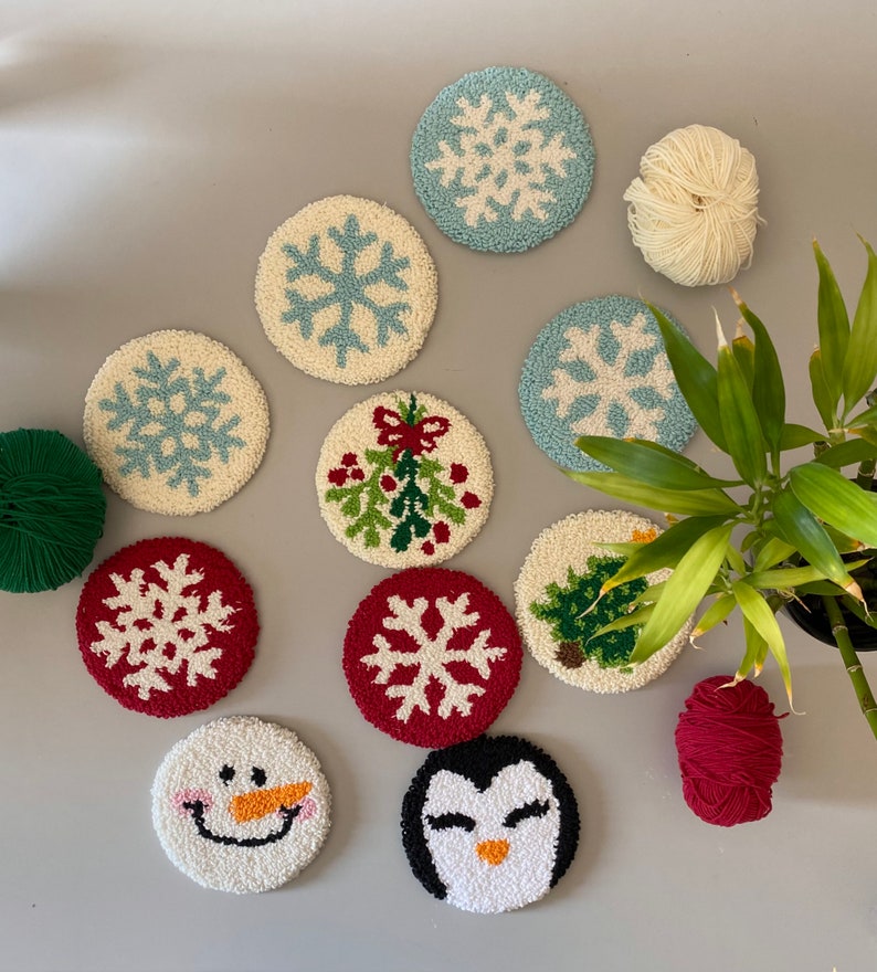 Handmade Christmas Punch Needle Coaster: Holiday Decor Gifts (5'') - Etsy