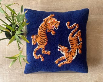 Tibetan Tiger Punch Needle Pillow Cover, Tufted Cushion, Boho Animal Decor (18x18)