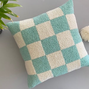 Handmade Punch Needle ' Chess Pattern ' Pillow Cover, Cushion Cover , Checkered Pillow , Nordic Plaid Accent Pillow , Minimalist Decor