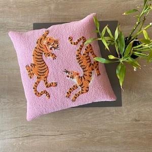 Handmade Punch Needle  Tibetan Tiger Pillow Cover: Pink Cotton Cushion (18x18) throw pillow