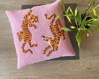 Handmade Punch Needle  Tibetan Tiger Pillow Cover: Pink Cotton Cushion (18x18) throw pillow