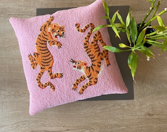 Handmade Punch Needle 'Tibetan Tigers  ' Pillow Cover, Cushion Cover ,18x18 pillow Cushion for sofa or bed, Pink Pillow Cover, 18x18 cover