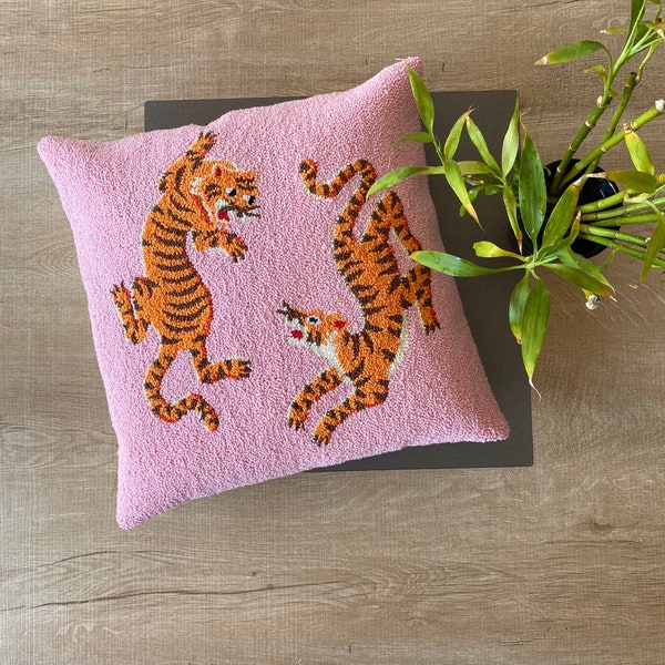 Handmade Punch Needle 'Tibetan Tigers  ' Pillow Cover, Cushion Cover ,18x18 pillow Cushion for sofa or bed, Pink Pillow Cover, 18x18 cover