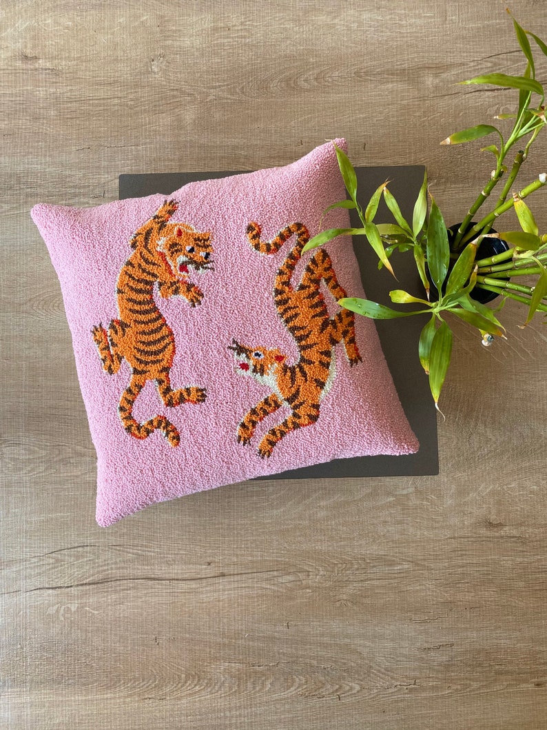 Handmade Punch Needle 'tibetan Tigers ' Pillow Cover Etsy