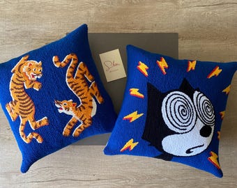 Tibetan Tiger & Felix Cat Punch Needle Pillow Cover Set | Handmade Throw Pillow Covers | Eclectic,  Dopamine Home Decor | 18x18