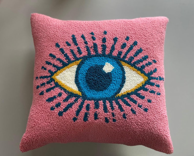 Handmade Tufted Punch Needle Evil Eye Pillow Cover Punch Etsy