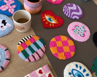 Handmade Punch Needle Coasters, Mug Rug Coaster, Tufted Home Decor, Y2K Aesthetic Gift Ideas, Office Decor
