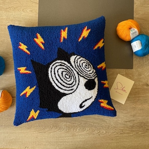 Handmade Punch Needle ' 1930's creepy black and white cartoon ' Pillow Cover, Felix the Cat Inspired, 18x18 pillow Cushion for sofa or bed