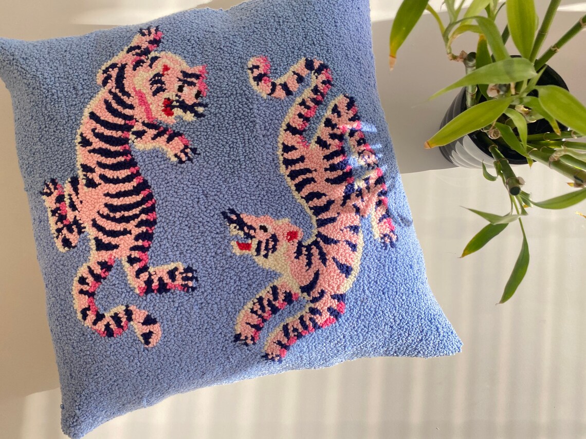 Handmade Punch Needle 'tibetan Pink Tigers ' Pillow Etsy