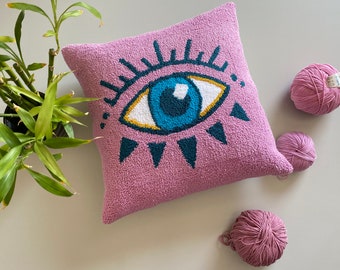 Handmade Punch Needle Evil Eye Pillow Cover, Purple Boho Cotton Cushion