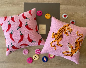 Punch Needle Pillow Cover Set 18x18, Tibetan Tiger & Chili Pepper, Boho Cushion Cover, Handmade Decorative Throw Pillow Case , Gift for Home