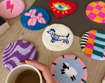 Punch Needle Coaster: Handmade Tufted Cotton Mug Rug - 5'' Drink Coaster Kitchen Gift