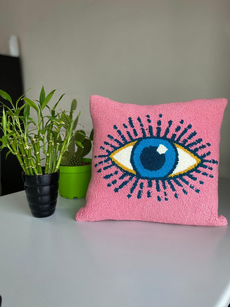 Handmade Tufted Punch Needle Evil Eye Pillow Cover Punch Etsy