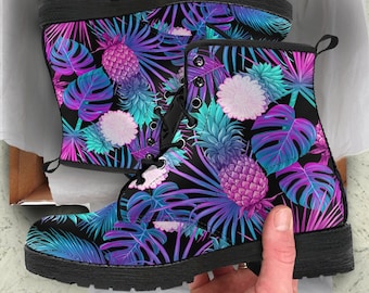 Tropical Neon Psychedelic Boots // Trippy Exotic Floral Combat Boots // Vegan Rave Leather Boots for Women // Womens Combat Boots with Heel