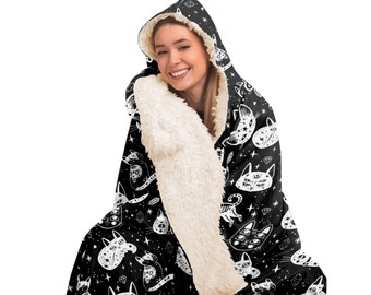 Cat Sugar Skull Hooded Blanket Goth Throw Hoody Blanket Gothic