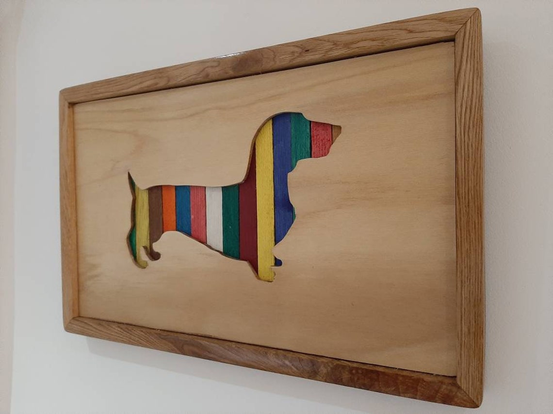 Wooden Wall Art,wooden Decorative Dog, Wooden Dachund Dog ,colourful