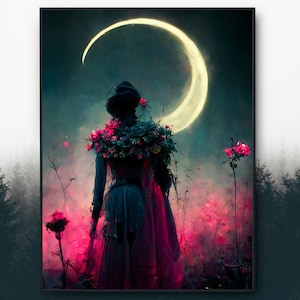 Goddess Woman Neon Flowers Moon Witchy Wall Decor, Wiccan Goddess Poster, Wall Hangings, Celestial Wall Decor, Mid Century Modern