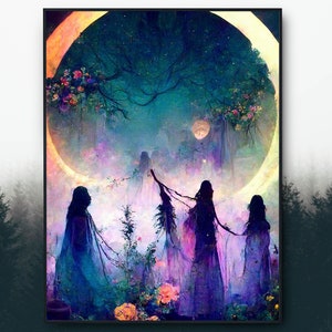 Full Moon Ritual Dancing Goddess Woman Witchy Wall Decor, Wiccan Goddess Poster, Wall Hangings, Celestial Wall Decor, Mid Century Modern