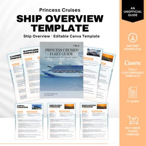 May include: A template for a Princess Cruises ship overview, with the text "SHIP OVERVIEW TEMPLATE". The template includes a fleet guide and ship details. The design is in shades of white, black, and orange, with the words "Canva" and "Instant Download".