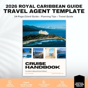 May include: A travel agent template for Royal Caribbean cruises, featuring a cruise ship on the ocean. The guide includes planning tips and is a 34-page client guide. The text on the cover reads "CRUISE HANDBOOK".