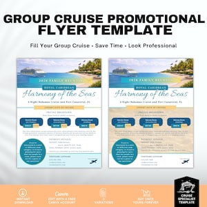 May include: A promotional flyer template for group cruises. The design features a cruise ship on a tropical beach, with text including "2026 Family Reunion" and "Harmony of the Seas." The flyer includes pricing breakdowns and payment details.