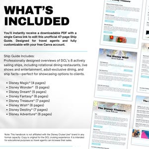 Puede incluir: Una gu&iacute;a de barco en PDF descargable para agentes de viajes, con descripciones generales de los barcos de Disney Cruise Line. La gu&iacute;a incluye informaci&oacute;n sobre restaurantes, entretenimiento y datos de los barcos. La gu&iacute;a tiene 47 p&aacute;ginas e incluye el texto "WHAT'S INCLUDED".