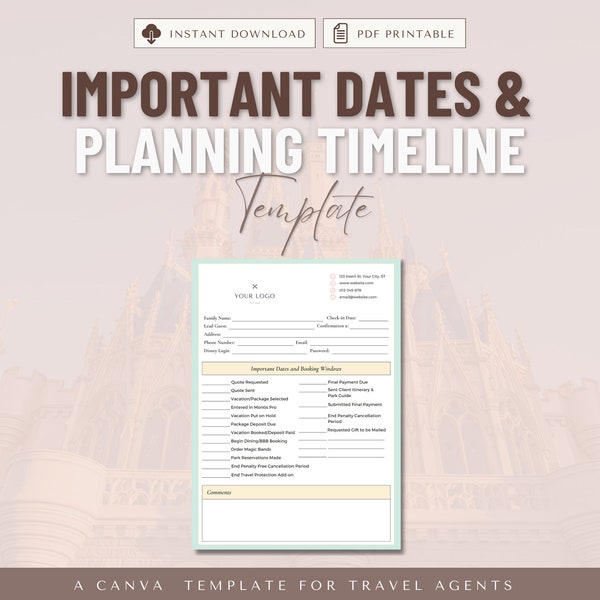 Important Dates & Booking Timeline Template, Travel Agent Template