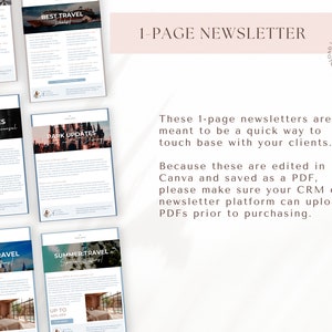 May include: A collection of one-page newsletters for travel agents. The newsletters feature different themes, including park updates, summer travel, and best travel deals. The text on the newsletters includes "Park Updates", "Summer Travel", and "Best Travel Deals".