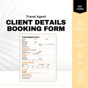 May include: A printable travel agent client details booking form with fillable text boxes. The form includes sections for client information, travel preferences, and hotel and resort preferences.