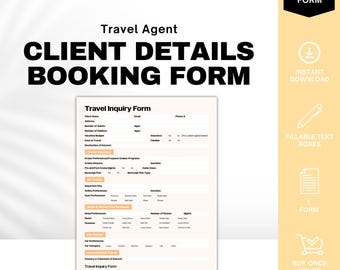 Peut inclure: Un formulaire de réservation de voyage imprimable pour les détails du client d'un agent de voyage avec des cases de texte remplissables. Le formulaire comprend des sections pour les informations du client, les préférences de voyage et les préférences d'hôtel et de villégiature.