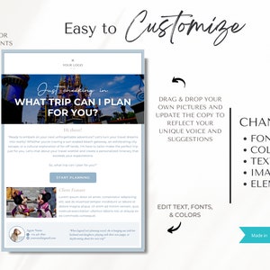 May include: A blue and white digital template for a travel planner. The template features a photo of a castle and the text "Just checking in. What trip can I plan for you?"  The template also includes a section for a client feature and a section for editing text, fonts, and colors. The template is made in Canva.