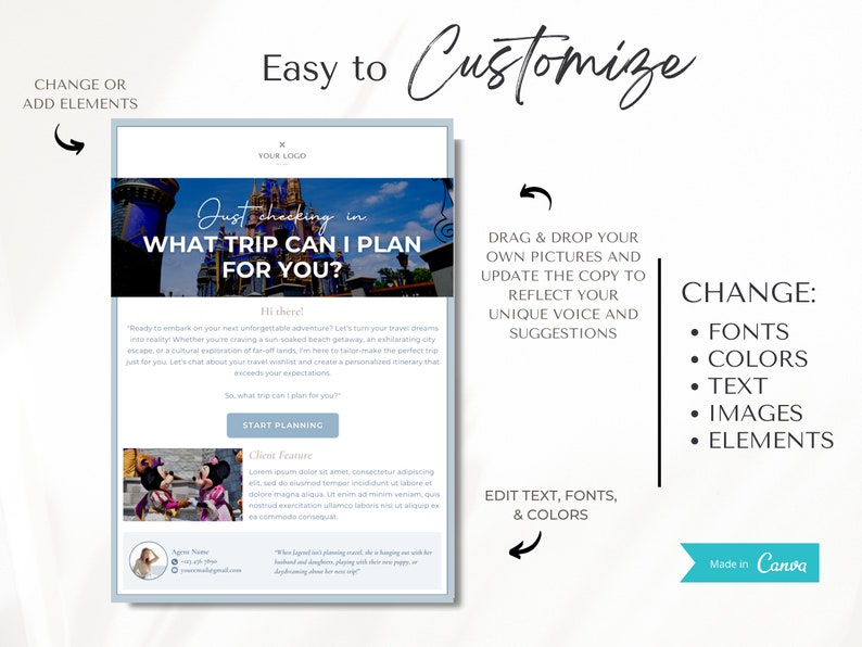 May include: A blue and white digital template for a travel planner. The template features a photo of a castle and the text "Just checking in. What trip can I plan for you?"  The template also includes a section for a client feature and a section for editing text, fonts, and colors. The template is made in Canva.