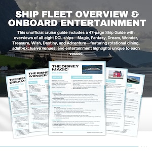 Puede incluir: Imagen promocional de una gu&iacute;a de cruceros. La gu&iacute;a presenta informaci&oacute;n sobre ocho barcos de Disney Cruise Line, incluidos Magic, Fantasy, Dream y Wonder. La gu&iacute;a destaca el entretenimiento a bordo y las opciones gastron&oacute;micas.