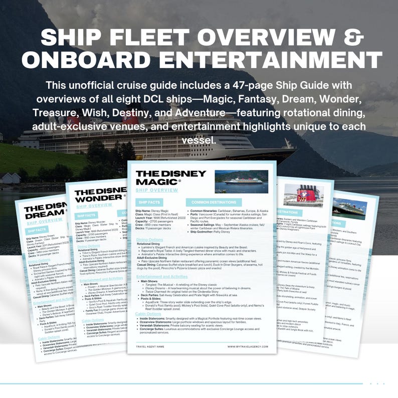 Puede incluir: Imagen promocional de una gu&iacute;a de cruceros. La gu&iacute;a presenta informaci&oacute;n sobre ocho barcos de Disney Cruise Line, incluidos Magic, Fantasy, Dream y Wonder. La gu&iacute;a destaca el entretenimiento a bordo y las opciones gastron&oacute;micas.