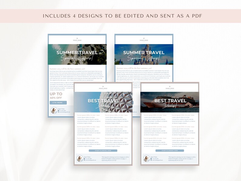 May include: Four different email templates for travel businesses. Each template features a different travel destination and includes the text "Summer Travel" and "Special Offers".