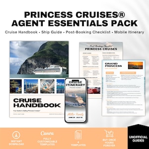 May include: A collection of Princess Cruises agent essentials, including a cruise handbook, ship guide, post-booking checklist, and mobile itinerary. The image features a cruise ship, a smartphone displaying a cruise itinerary, and various documents. The text reads "Princess Cruises Agent Essentials Pack."