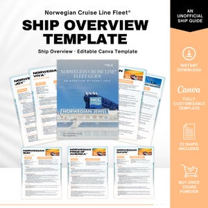 May include: A template for a Norwegian Cruise Line ship overview. The cover of the guide is blue with the words "Norwegian Cruise Line Fleet Guide" and "Norwegian Jewel". The template includes a Canva customizable template and an unofficial ship guide.