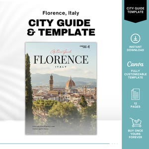 Könnte beinhalten: Ein Stadtführer & Vorlage für Florenz, Italien. Das Cover zeigt eine malerische Aussicht auf Florenz mit dem Text "FLORENCE ITALIEN". Zusätzlicher Text enthält "City Travel Guide" und "Sofort-Download". Die Vorlage ist vollständig anpassbar und enthält 12 Seiten.