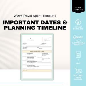 May include: A green and white printable template for planning a Disney World vacation. The template includes important dates and booking windows for a Disney vacation. The template is customizable and can be used in Canva.