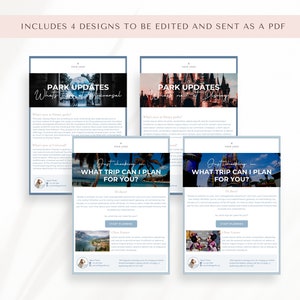 May include: Four different email templates for a travel agent. The templates are blue and white with images of Disney World and Universal Studios. The text on the templates includes "Park Updates", "What trip can I plan for you?" and "Start Planning".