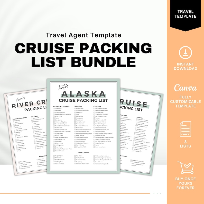 K&ouml;nnte beinhalten: Eine druckbare Canva-Vorlage f&uuml;r ein Kreuzfahrt-Packlisten-Paket. Das Paket enth&auml;lt drei Listen: Mams Fluss-Kreuzfahrt-Packliste, Kates Alaska-Kreuzfahrt-Packliste und eine generische Kreuzfahrt-Packliste. Die Vorlage ist vollst&auml;ndig anpassbar und enth&auml;lt einen Download-Button.