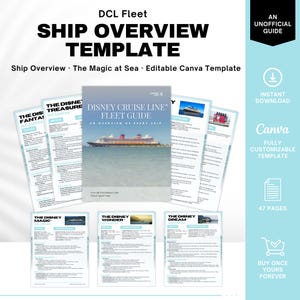 Puede incluir: Una plantilla para una Gu&iacute;a de la Flota de Disney Cruise Line. La portada de la gu&iacute;a presenta un crucero en el agua. La plantilla incluye descripciones generales de los barcos y es una plantilla de Canva editable. La gu&iacute;a es una descarga instant&aacute;nea de 47 p&aacute;ginas.