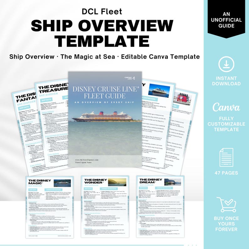 Puede incluir: Una plantilla para una Gu&iacute;a de la Flota de Disney Cruise Line. La portada de la gu&iacute;a presenta un crucero en el agua. La plantilla incluye descripciones generales de los barcos y es una plantilla de Canva editable. La gu&iacute;a es una descarga instant&aacute;nea de 47 p&aacute;ginas.